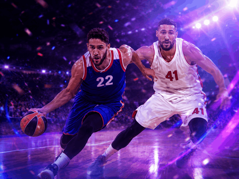 Two basketball players in action on the court, one in a blue jersey dribbling the ball and the other in a white jersey defending, with a vibrant purple lighting effect.