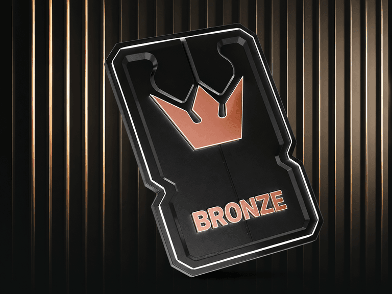 Bronze-colored crown emblem with the word "BRONZE" below it, set against a black and gold vertically striped background.
