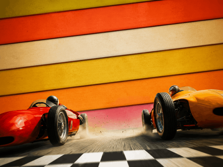 Two vintage race cars, one red and one orange, speeding on a checkered race track with a colorful retro-striped background.