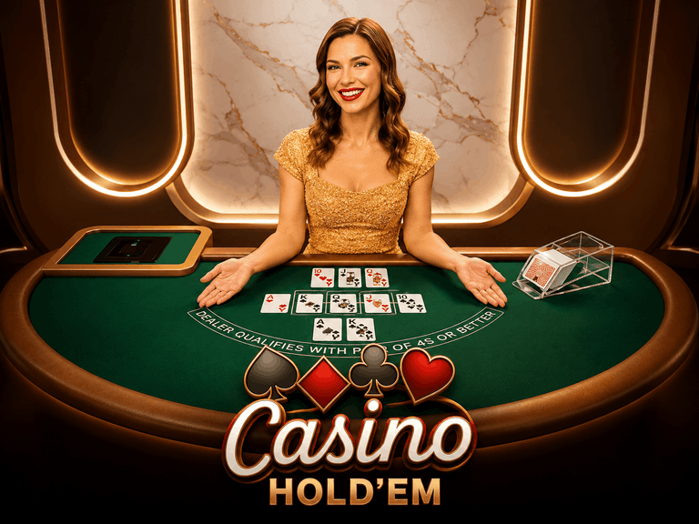 A smiling female dealer in a gold dress sits at a casino poker table with playing cards laid out, under warm lighting with the text "Casino Hold'em" displayed at the bottom.