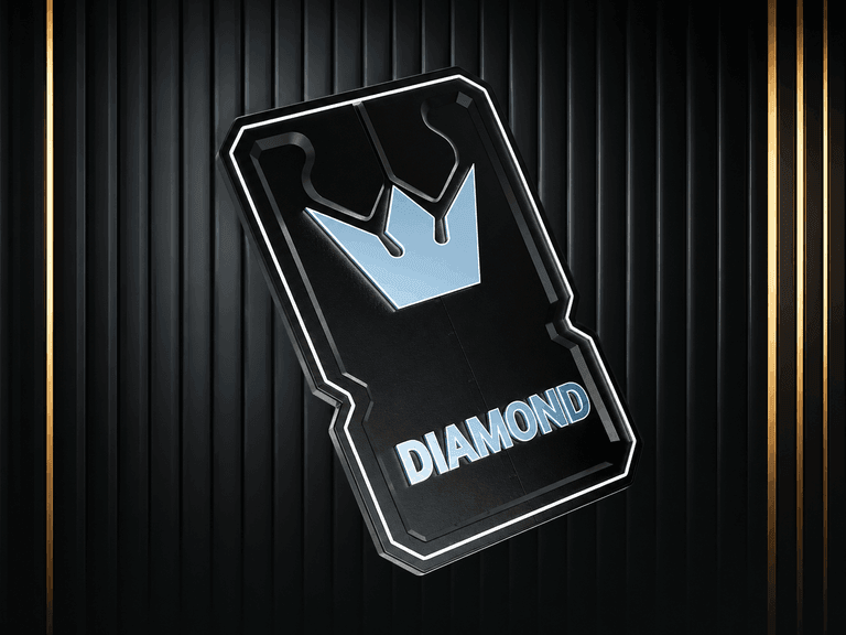 Black and silver badge with a blue crown icon and the word "DIAMOND" in blue capital letters on a dark vertically striped background with gold accents.