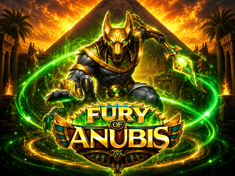 Anubis, the Egyptian god with a jackal head, wielding a glowing green weapon, stands in front of a pyramid surrounded by ancient statues and palm trees, with the title "Fury of Anubis" prominently displayed.