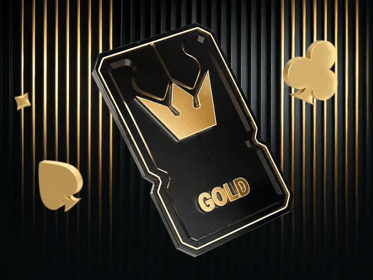 Black and gold stylized card with a crown symbol and the word "GOLD" in bold letters, set against a dark background with vertical gold lines and floating gold card suit symbols.