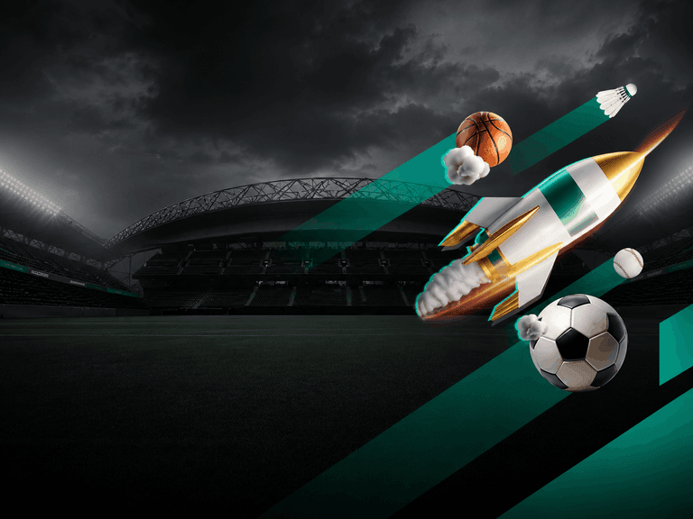A dark stadium background with a rocket and various sports balls including a basketball, soccer ball, baseball, and badminton shuttlecock flying with motion trails.