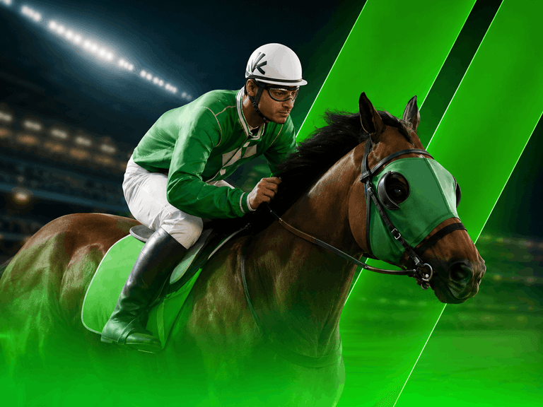 A jockey in green and white gear riding a brown horse with green face covering, set against a dark background with green diagonal light streaks.