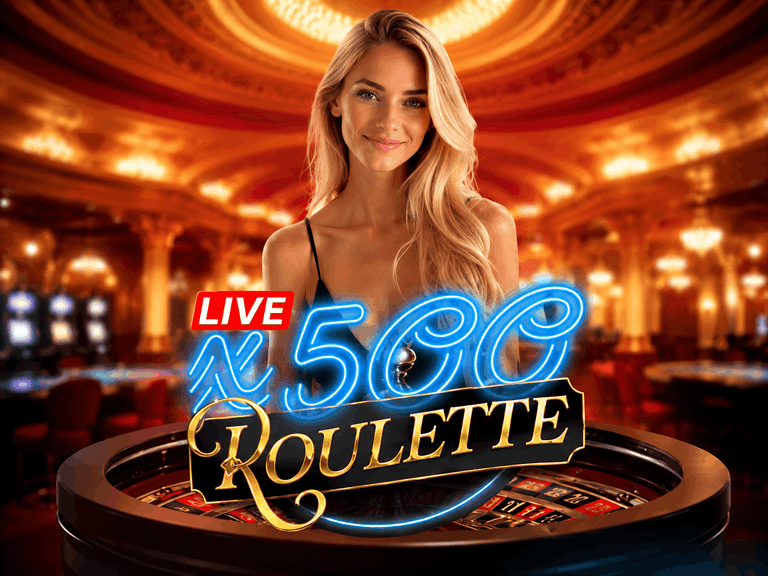 A smiling blonde woman stands behind a roulette wheel in a luxurious casino setting, with neon text reading "LIVE 500 ROULETTE" overlaying the image.