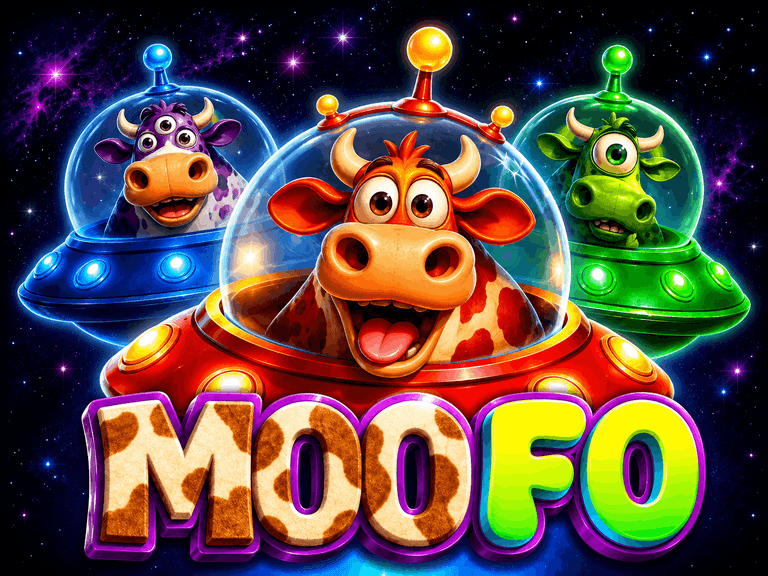 Three cartoon cows in colorful space helmets and flying saucers with the text "MOOFO" in bold, playful letters below them against a starry space background.