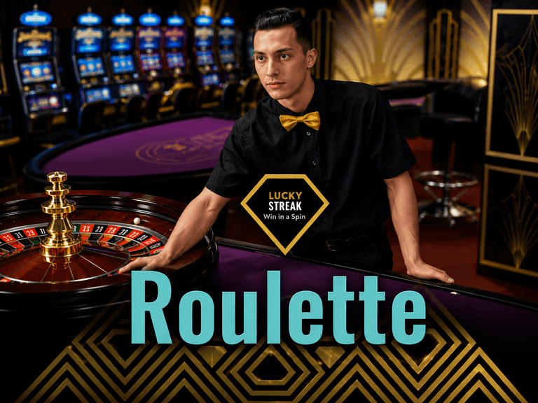 A man in a black shirt and yellow bow tie stands behind a roulette table in a casino, with slot machines visible in the background and the text "Lucky Streak Win in a Spin" and "Roulette" overlaid on the image.