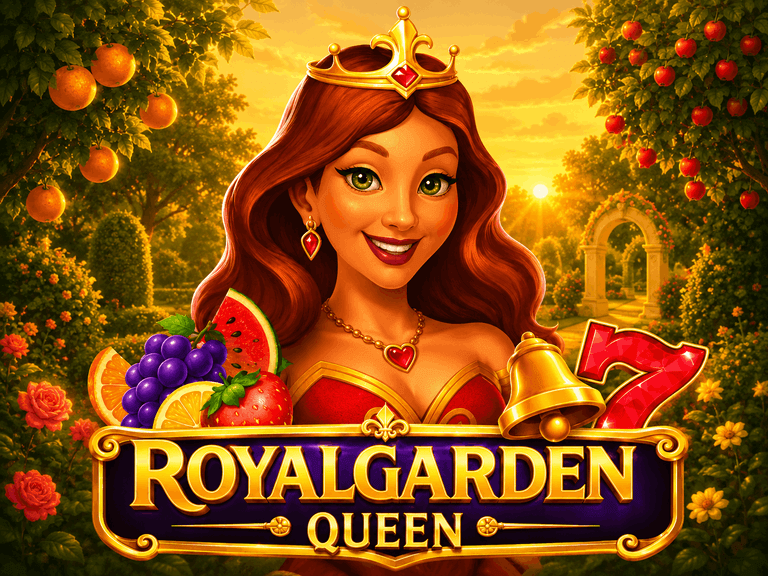 A smiling queen with red hair, wearing a gold crown and red dress, surrounded by fruits and a golden bell, with the text "Royal Garden Queen" in bold gold letters against a garden background at sunset.