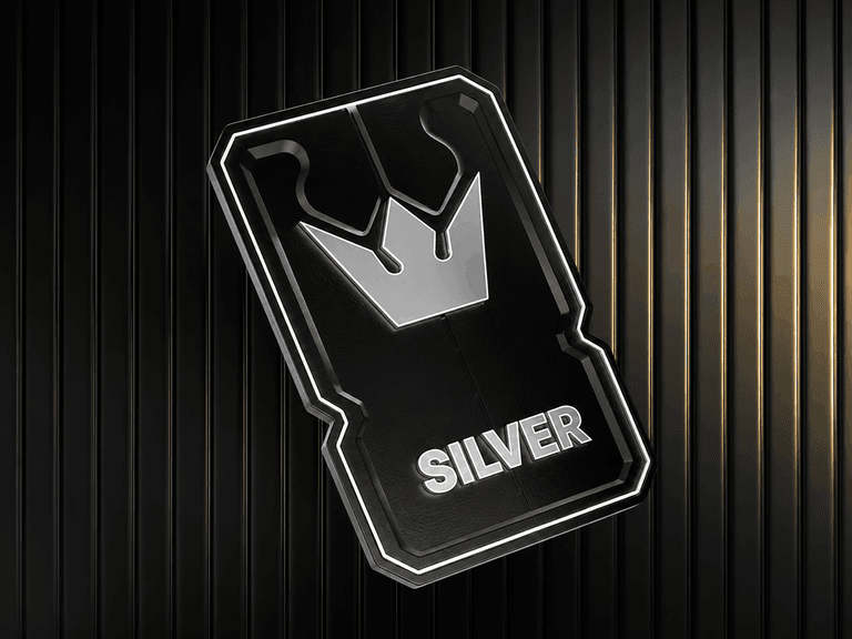 A black and silver card with a crown emblem and the word "SILVER" embossed on it, set against a dark, vertically striped background with subtle golden lighting on the right side.
