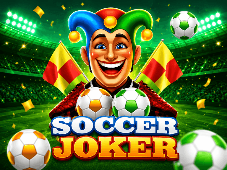 A colorful jester with a blue and green hat smiles widely in a soccer stadium, holding two soccer balls with yellow and green patches, with two yellow and red flags behind him and the text "SOCCER JOKER" below.