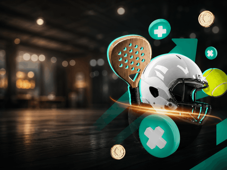 Sports equipment including a white football helmet, a wooden paddle, and a tennis ball surrounded by teal and gold graphic elements on a dark blurred background.