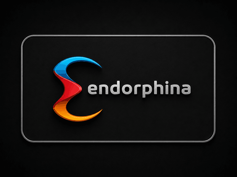 Colorful stylized "S" logo in blue, red, and orange next to the word "endorphina" in silver text on a black background with a rounded rectangular silver frame.