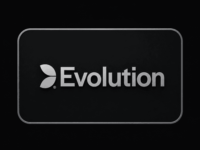 Evolution logo with a stylized leaf design on a black background enclosed in a rounded rectangle frame.