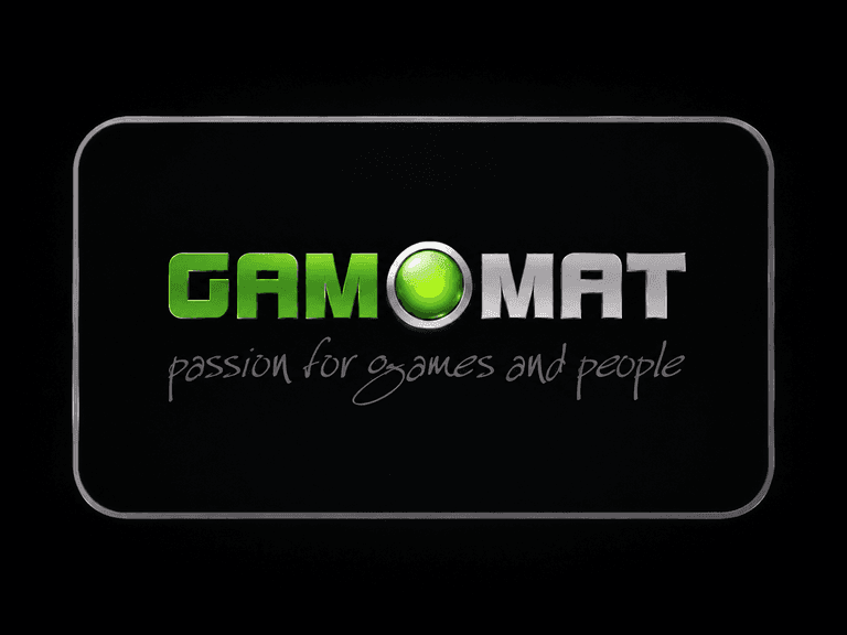 GAMOMAT logo with the tagline "passion for games and people" on a black background. The word "GAM" is in green, "MAT" is in silver, and the "O" is represented by a green orb.