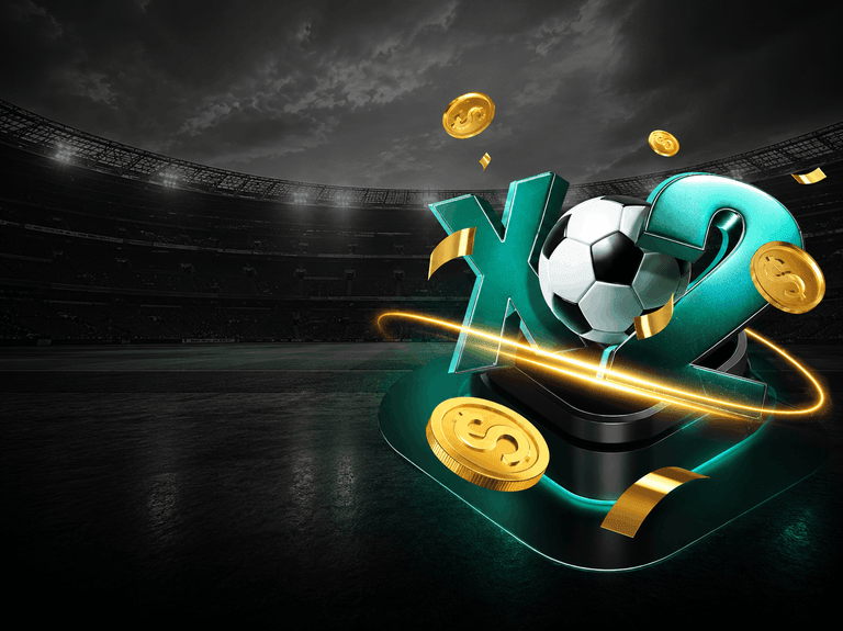 Soccer stadium background with large 3D text "X2" and a soccer ball surrounded by floating gold coins and a glowing golden ring.