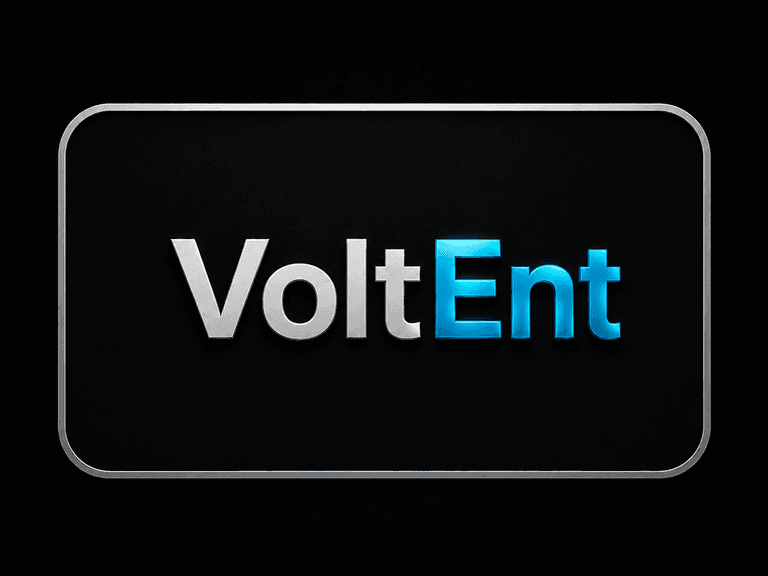 VoltEnt logo with "Volt" in metallic silver and "Ent" in glowing blue, set against a black background with a rounded silver border.