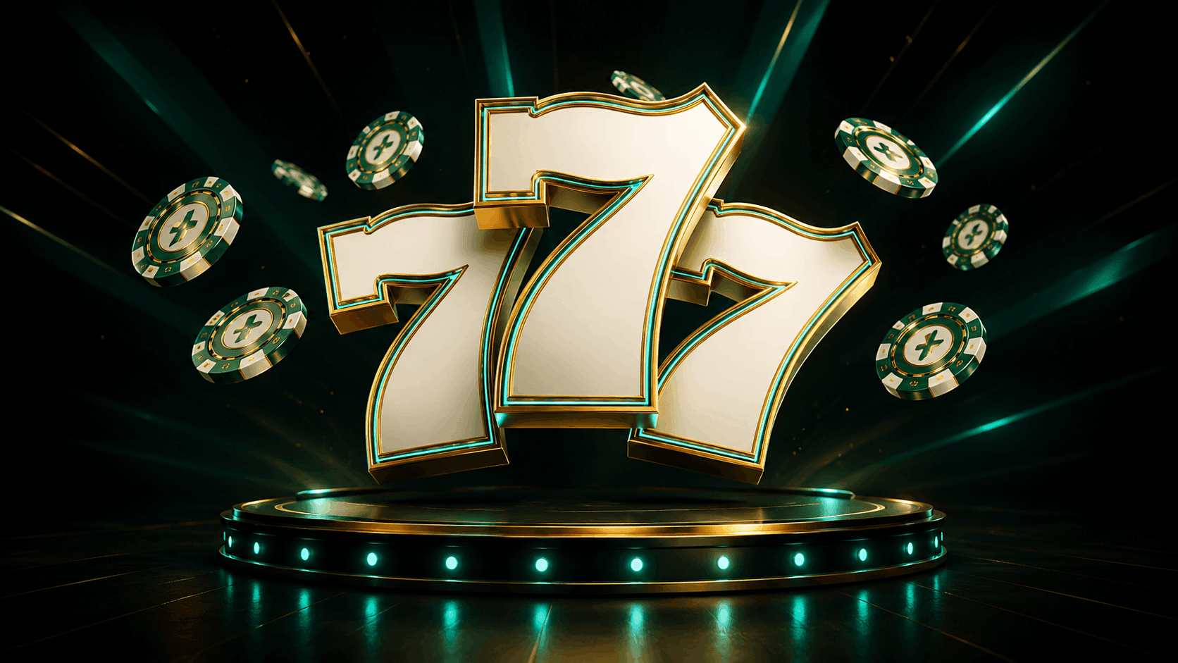 Golden and white number 777 surrounded by floating green and white poker chips on a dark background with teal light beams.
