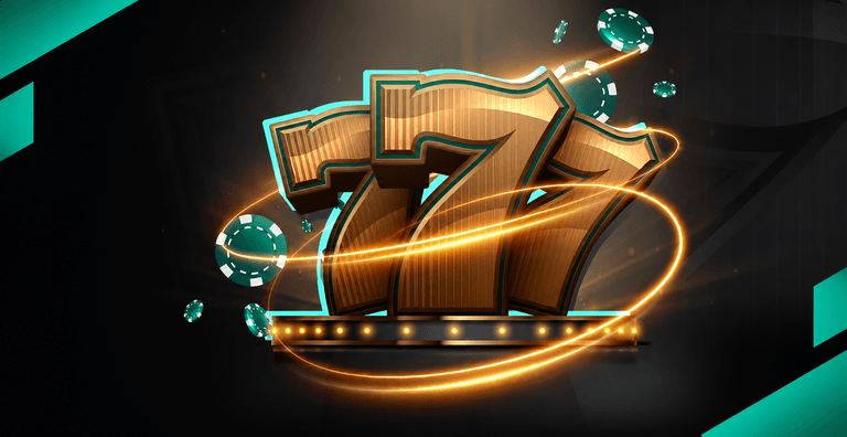Golden number 777 with glowing light trails and green poker chips on a dark background, symbolizing a casino jackpot or slot machine win.