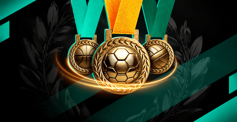 Three gold sports medals with green and orange ribbons, featuring a soccer ball, basketball, and volleyball design, set against a dark background with green diagonal stripes and laurel wreaths.