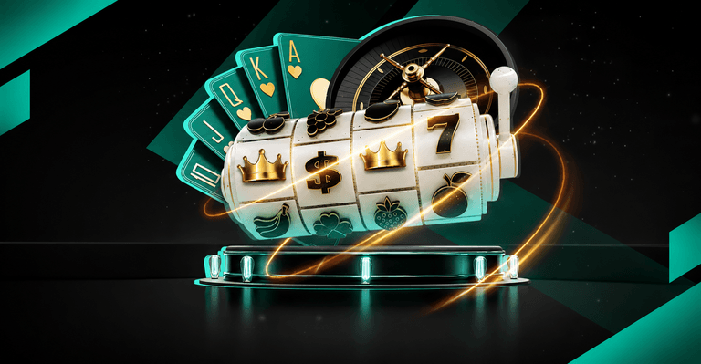 A futuristic slot machine with golden symbols, including crowns, dollar signs, and fruits, surrounded by glowing orange rings, with playing cards and a roulette wheel in the background on a dark, geometric stage.