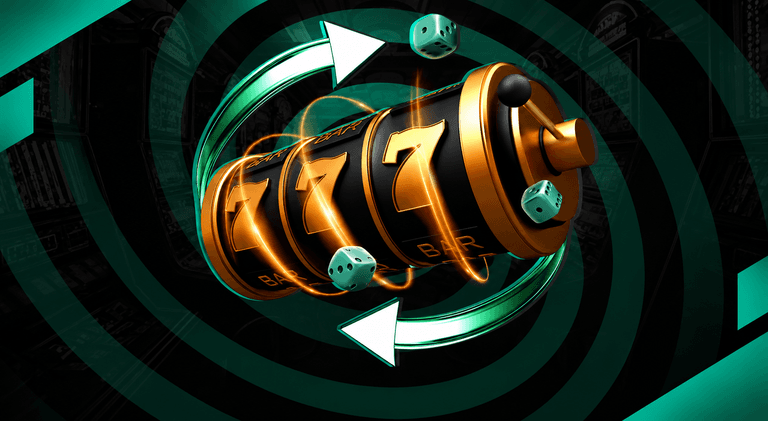 A glowing slot machine reel displaying triple sevens with spinning dice and green arrows circling around it, set against a dark background with faint slot machine outlines.