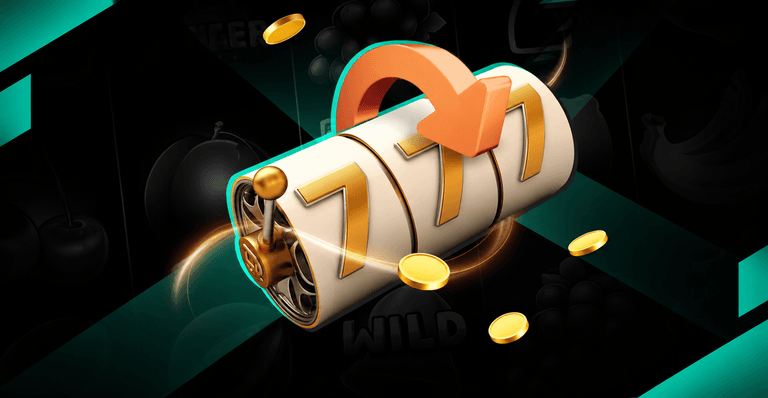 Slot machine reels displaying triple sevens with a large orange arrow indicating a spin, surrounded by floating gold coins and a dark background with faint fruit symbols.