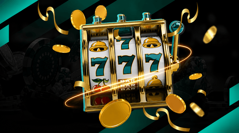 Golden slot machine showing a winning combination of three sevens, surrounded by flying gold coins and ribbons against a dark background with teal accents.