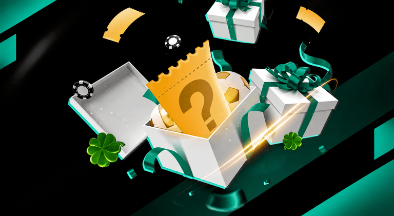 White gift boxes with green ribbons, a large yellow ticket with a question mark, soccer balls, poker chips, and green four-leaf clovers on a black and teal background.