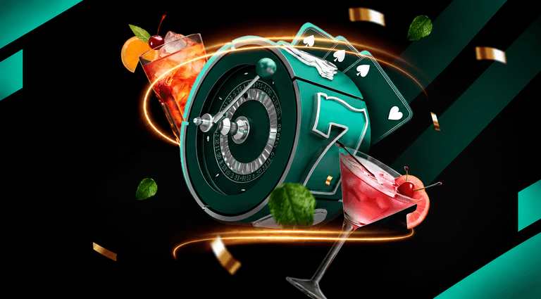 A teal slot machine with a number 7, playing cards, and two cocktails surrounded by floating mint leaves and golden confetti on a dark background with teal diagonal stripes.