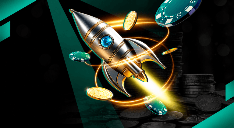 A metallic rocket surrounded by glowing golden rings, flying amidst floating gold coins and blue poker chips, with stacks of coins in the dark background.