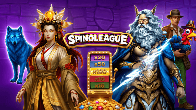 A vibrant fantasy-themed slot machine game interface featuring a blue wolf, a regal woman in golden robes, a muscular Zeus-like figure wielding lightning, and a man holding a colorful turkey, with the title "Spinoleague" and a payout display in the center.
