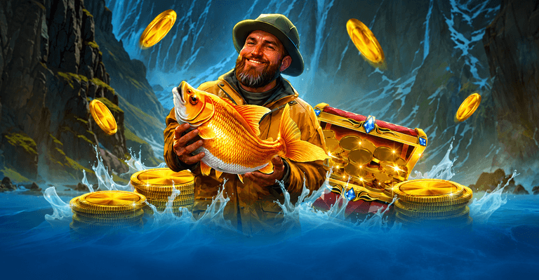 A smiling man in outdoor gear holding a large golden fish, surrounded by stacks of gold coins and a treasure chest overflowing with gold coins, set against a mountainous backdrop with water splashing around.