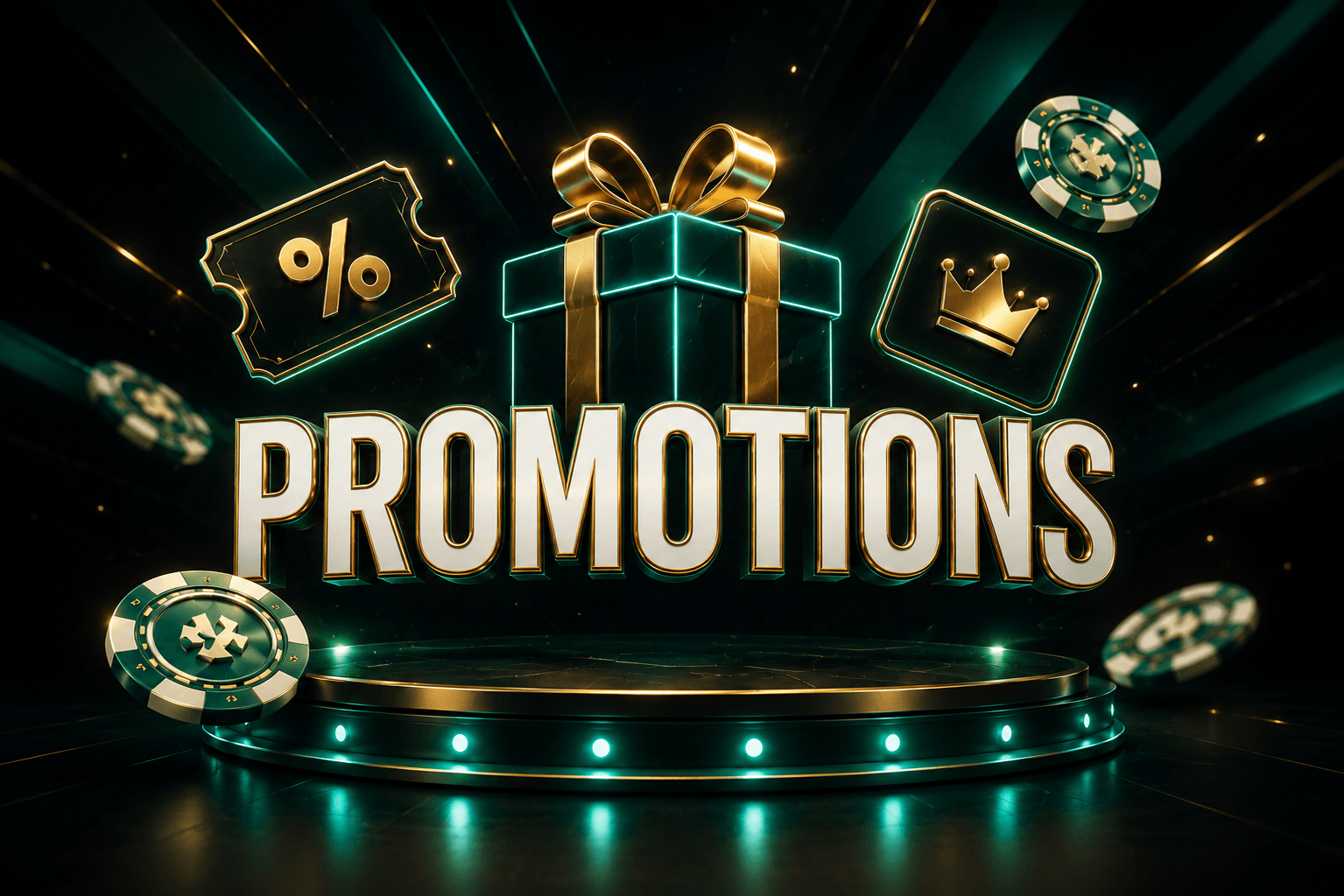 3D golden and teal promotional elements including a gift box with a bow, a percentage discount ticket, a crown icon, and poker chips surrounding the word "PROMOTIONS" on a lit circular platform against a dark background.